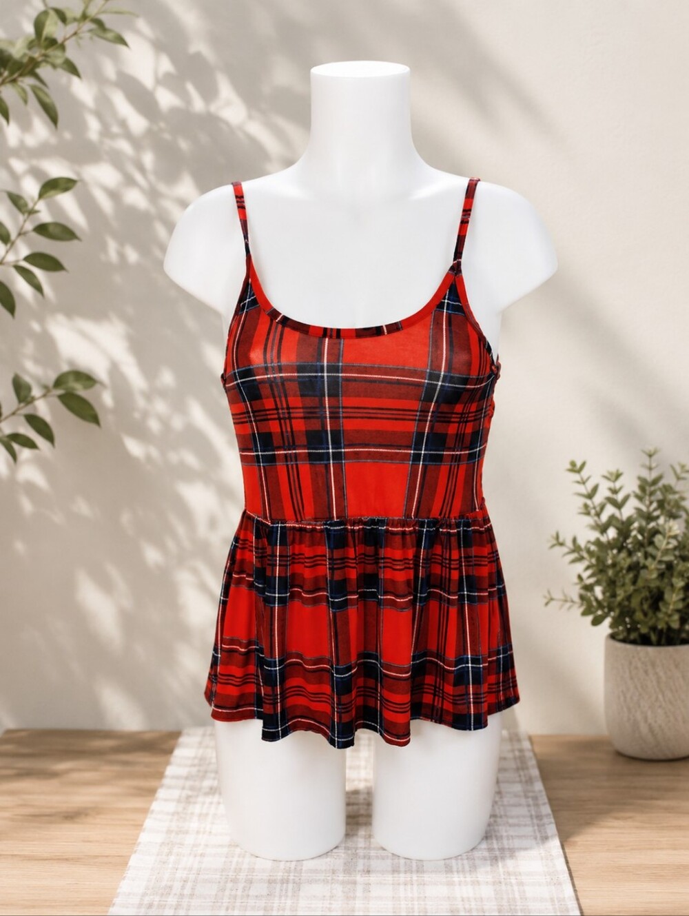 Size S Junior Ladies Plaid Babydoll Tank Top.